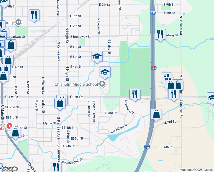 map of restaurants, bars, coffee shops, grocery stores, and more near 900 East 1st Street in Newton