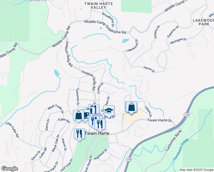 map of restaurants, bars, coffee shops, grocery stores, and more near 18827-18843 Lookout Dr in Twain Harte