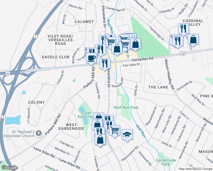 map of restaurants, bars, coffee shops, grocery stores, and more near 1585 Alexandria Drive in Lexington
