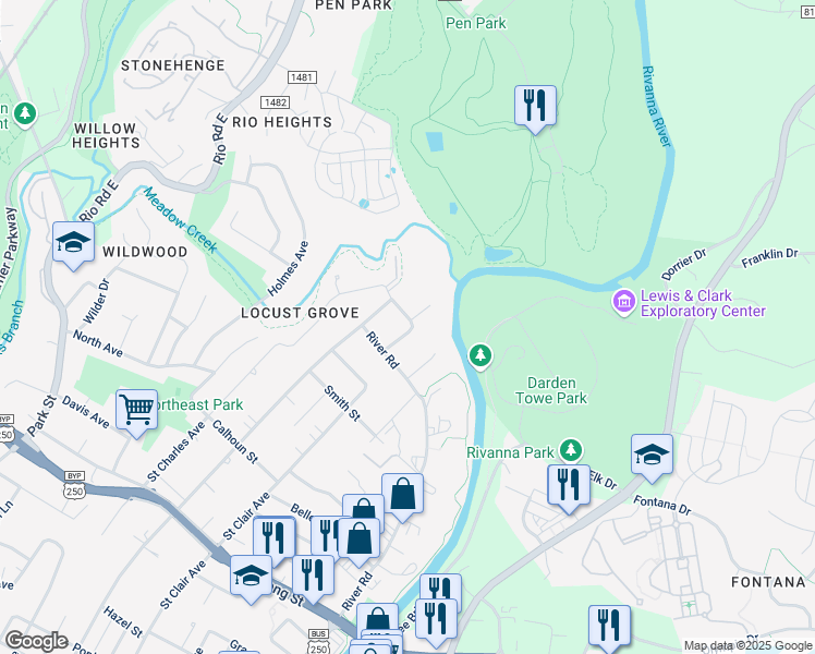 map of restaurants, bars, coffee shops, grocery stores, and more near 1012 Locust Lane in Charlottesville
