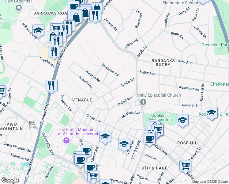 map of restaurants, bars, coffee shops, grocery stores, and more near 910 Rugby Road in Charlottesville