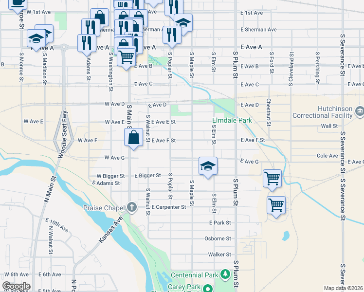 map of restaurants, bars, coffee shops, grocery stores, and more near 200-298 East Ave F in Hutchinson
