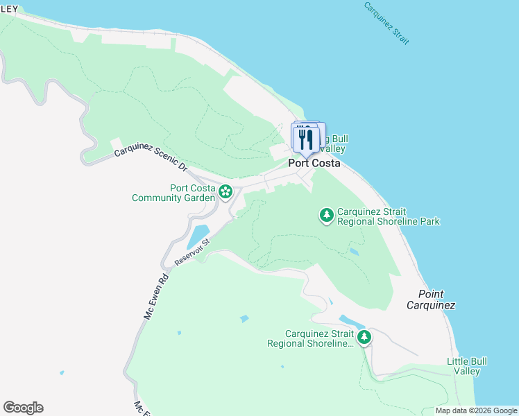 map of restaurants, bars, coffee shops, grocery stores, and more near Carquinez Scenic Drive in Port Costa