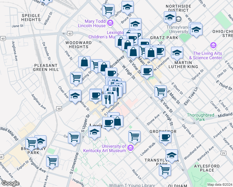 map of restaurants, bars, coffee shops, grocery stores, and more near 211 West Maxwell Street in Lexington
