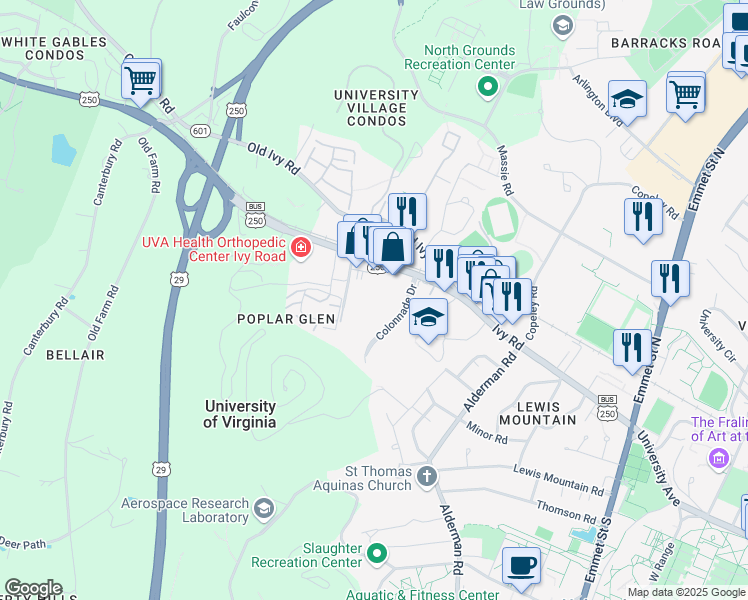 map of restaurants, bars, coffee shops, grocery stores, and more near 239 Colonnade Drive in Charlottesville