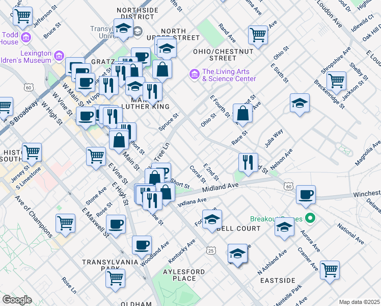 map of restaurants, bars, coffee shops, grocery stores, and more near 362 East 2nd Street in Lexington