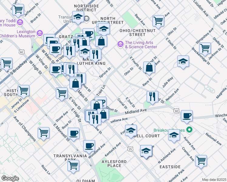 map of restaurants, bars, coffee shops, grocery stores, and more near 355 East 2nd Street in Lexington