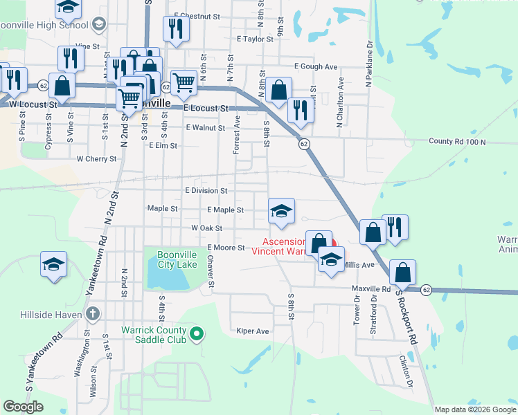 map of restaurants, bars, coffee shops, grocery stores, and more near 601-699 South 8th Street in Boonville