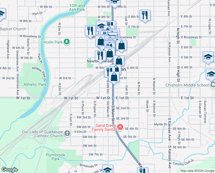map of restaurants, bars, coffee shops, grocery stores, and more near 215 North Main Street in Newton