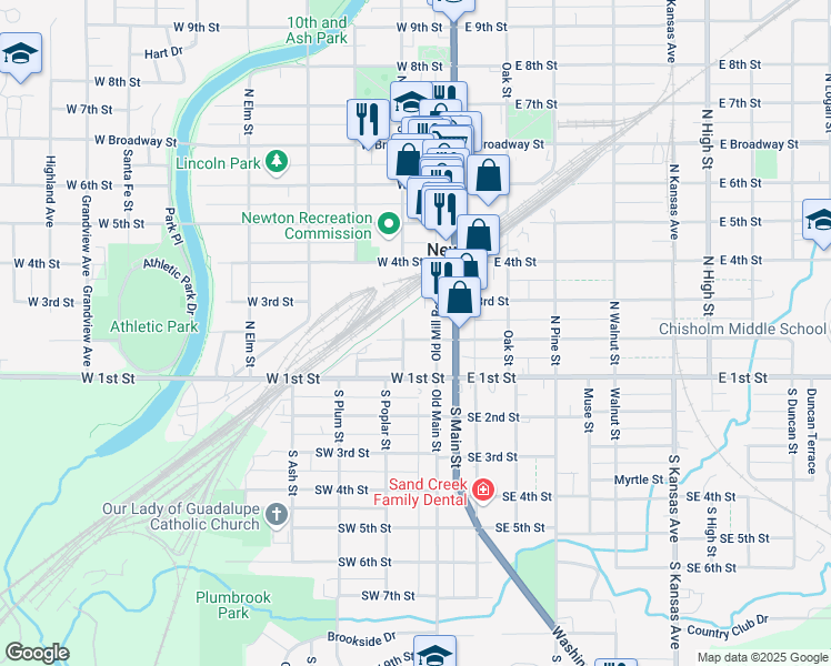 map of restaurants, bars, coffee shops, grocery stores, and more near 124 West 2nd Street in Newton