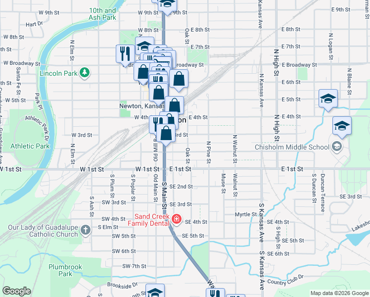 map of restaurants, bars, coffee shops, grocery stores, and more near 118 East 2nd Street in Newton