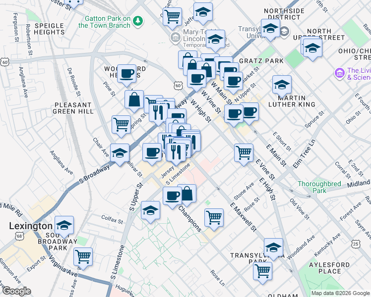map of restaurants, bars, coffee shops, grocery stores, and more near 211 West Maxwell Street in Lexington