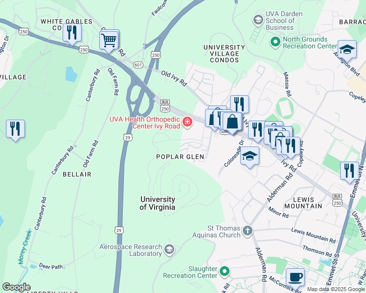 map of restaurants, bars, coffee shops, grocery stores, and more near 629 Boone Trl in Charlottesville