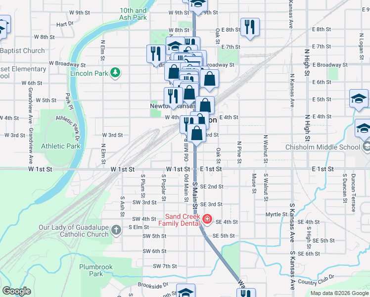 map of restaurants, bars, coffee shops, grocery stores, and more near 215 North Main Street in Newton