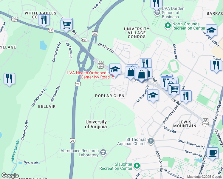 map of restaurants, bars, coffee shops, grocery stores, and more near 629 Boone Trl in Charlottesville