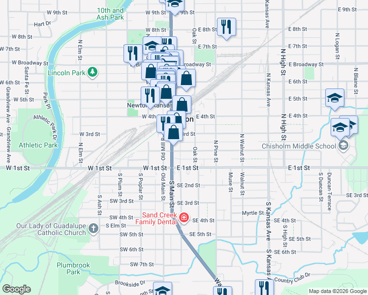 map of restaurants, bars, coffee shops, grocery stores, and more near 118 East 2nd Street in Newton
