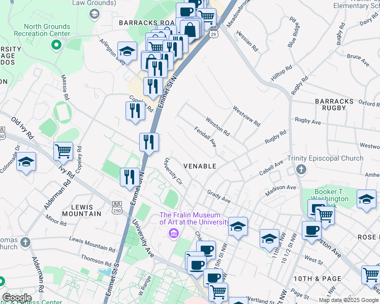 map of restaurants, bars, coffee shops, grocery stores, and more near 1841 Wayside Place in Charlottesville