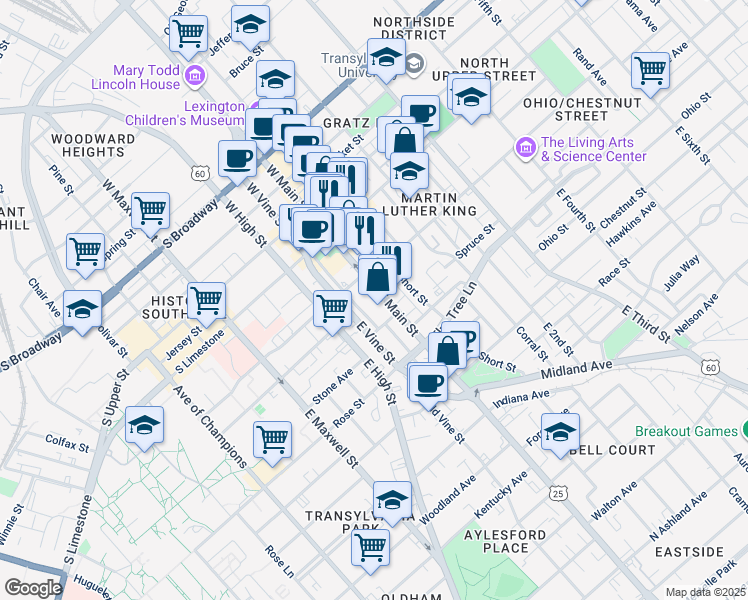 map of restaurants, bars, coffee shops, grocery stores, and more near 200 East Main Street in Lexington