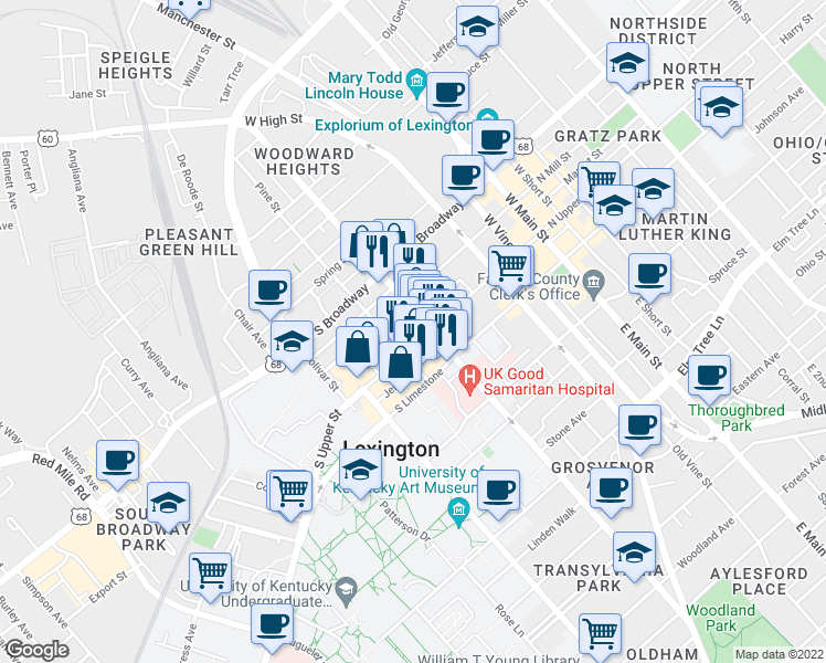 map of restaurants, bars, coffee shops, grocery stores, and more near 420 Lawrence Street in Lexington