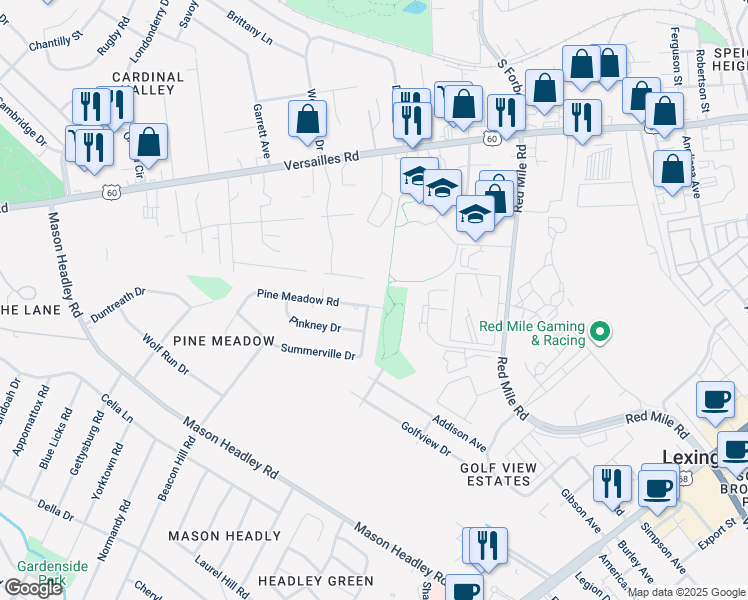 map of restaurants, bars, coffee shops, grocery stores, and more near 1399 Pine Meadow Road in Lexington