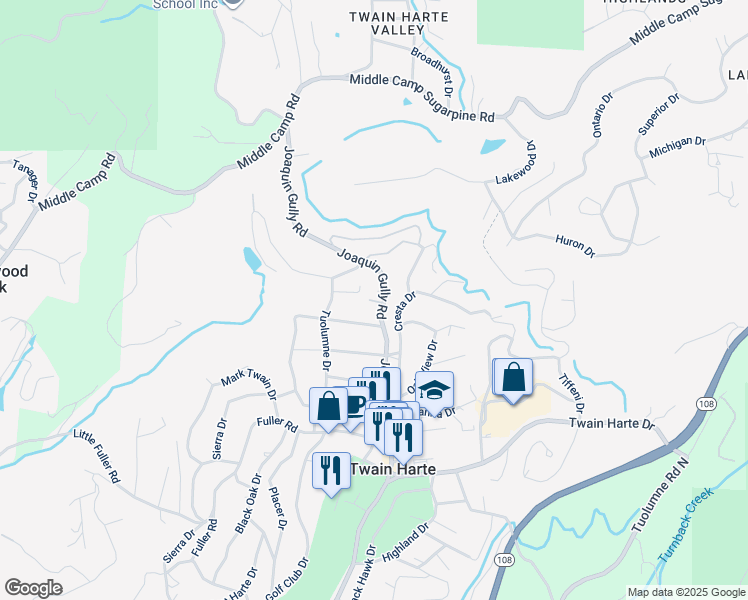 map of restaurants, bars, coffee shops, grocery stores, and more near 18655 Wildwood Drive in Twain Harte