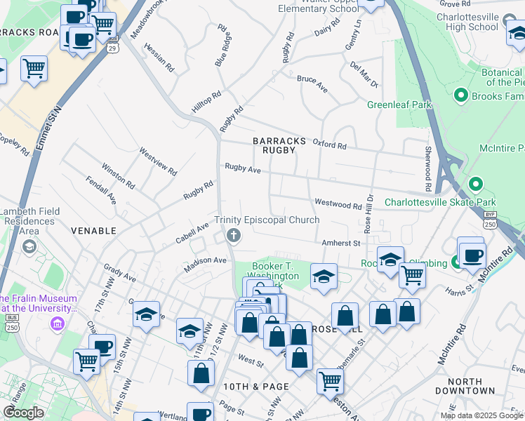 map of restaurants, bars, coffee shops, grocery stores, and more near 1151 Kensington Ave in Charlottesville