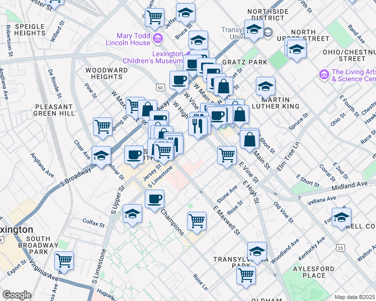 map of restaurants, bars, coffee shops, grocery stores, and more near 228 South Limestone in Lexington