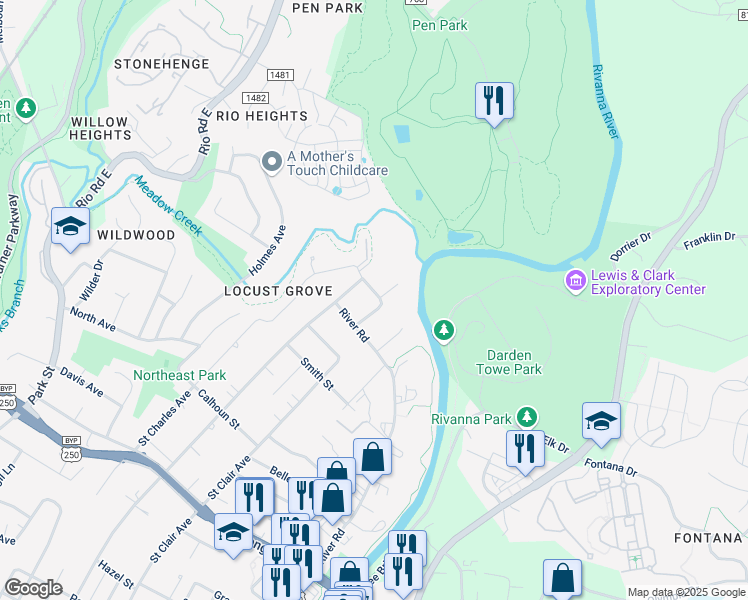 map of restaurants, bars, coffee shops, grocery stores, and more near 1141 Saint Clair Avenue in Charlottesville
