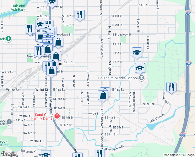 map of restaurants, bars, coffee shops, grocery stores, and more near 418 East 2nd Street in Newton