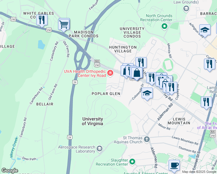 map of restaurants, bars, coffee shops, grocery stores, and more near 625 Boone Trail in Charlottesville