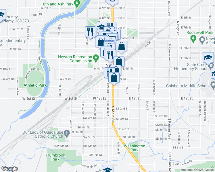 map of restaurants, bars, coffee shops, grocery stores, and more near 205 Old Mill Road in Newton