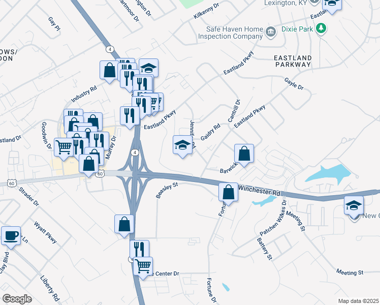 map of restaurants, bars, coffee shops, grocery stores, and more near 1740 Jennifer Road in Lexington