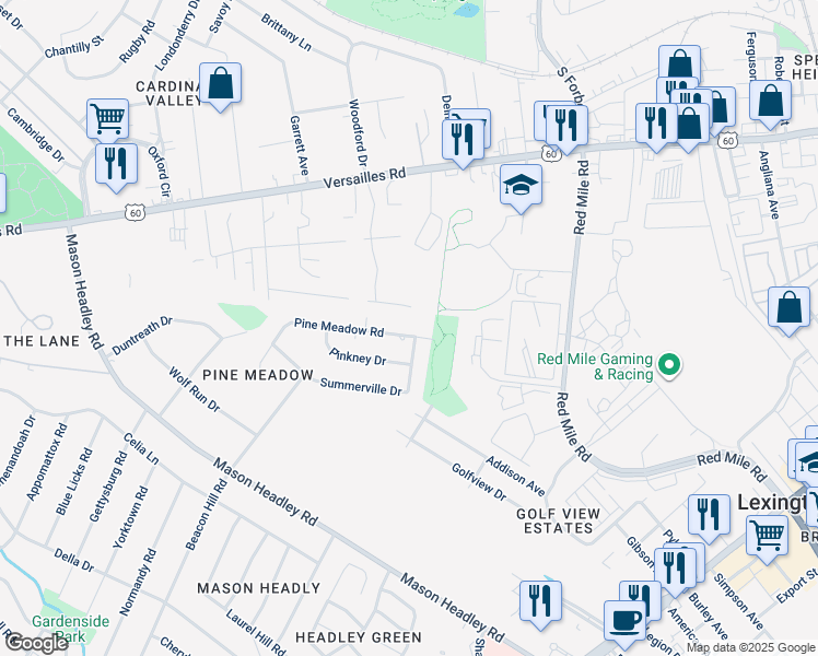 map of restaurants, bars, coffee shops, grocery stores, and more near 1399 Pine Meadow Road in Lexington