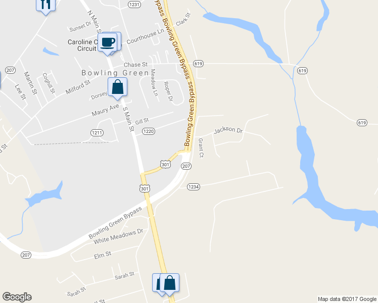 map of restaurants, bars, coffee shops, grocery stores, and more near U.S. 301 & State Route 207 Bypass in Bowling Green