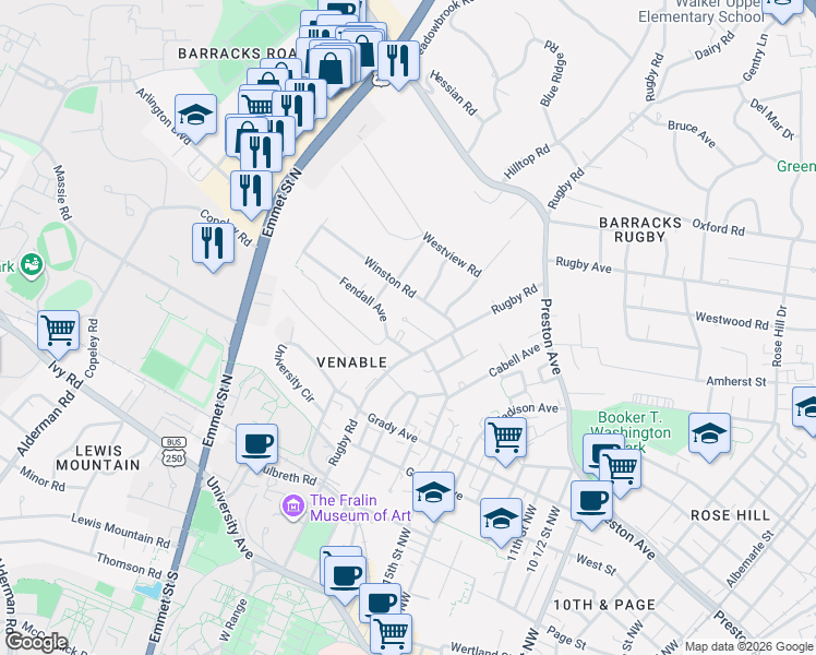 map of restaurants, bars, coffee shops, grocery stores, and more near 1809 Rugby Place in Charlottesville
