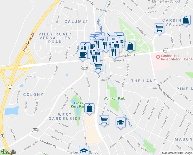 map of restaurants, bars, coffee shops, grocery stores, and more near 1553 Alexandria Drive in Lexington
