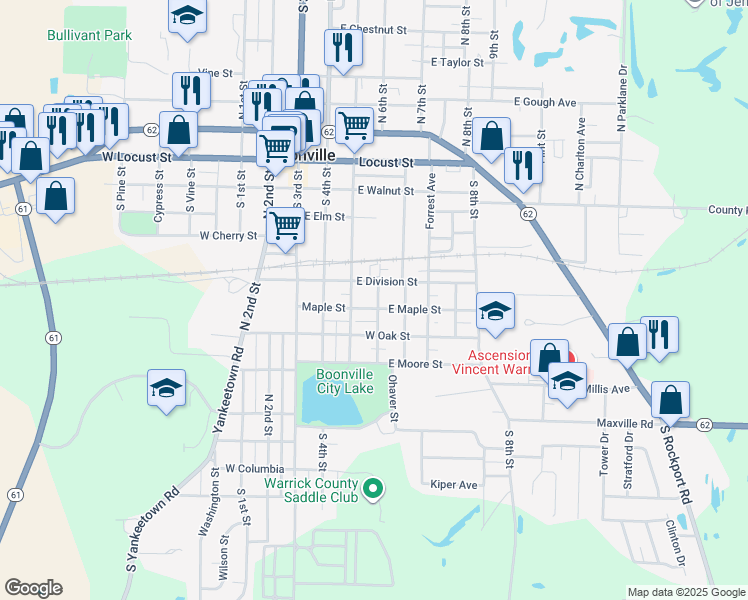 map of restaurants, bars, coffee shops, grocery stores, and more near 301-399 E Division St in Boonville