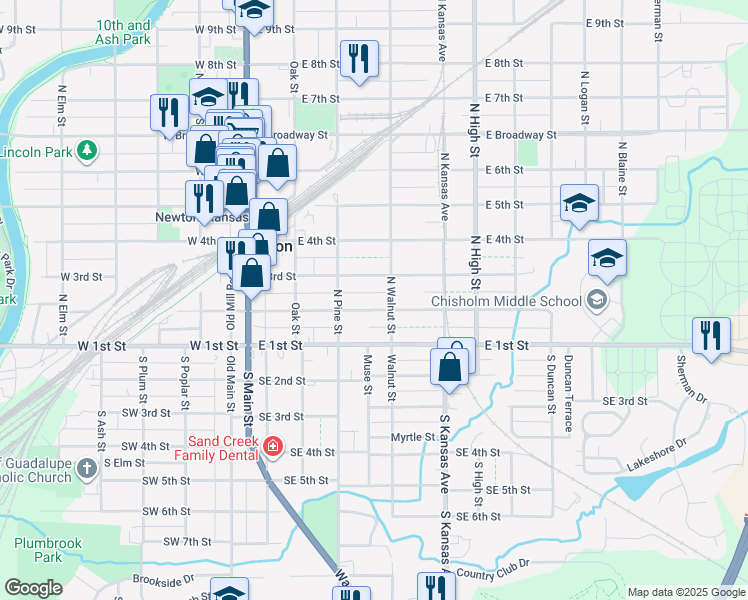 map of restaurants, bars, coffee shops, grocery stores, and more near 328 East 2nd Street in Newton