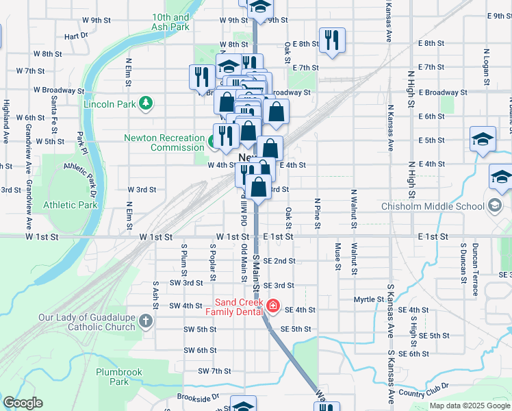 map of restaurants, bars, coffee shops, grocery stores, and more near 215 North Main Street in Newton