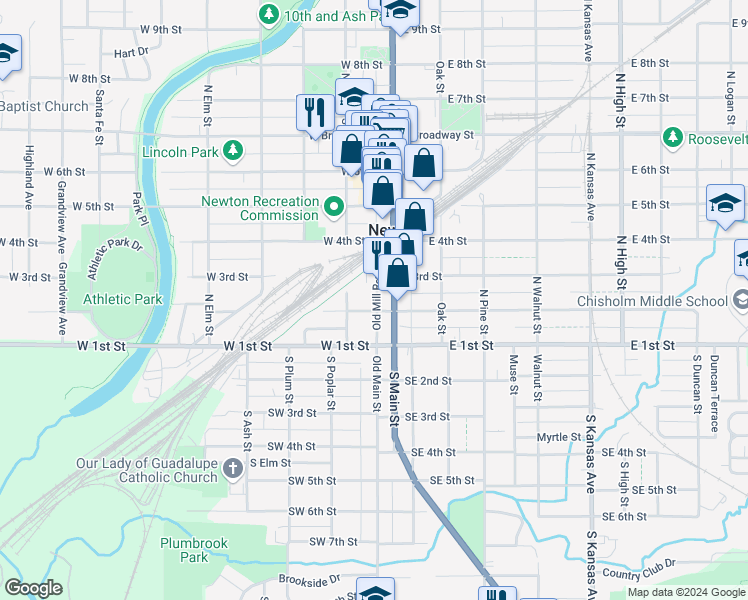 map of restaurants, bars, coffee shops, grocery stores, and more near 209 Old Mill Road in Newton