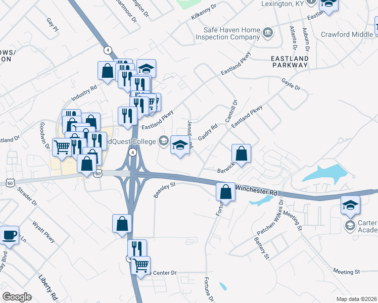 map of restaurants, bars, coffee shops, grocery stores, and more near 1740 Jennifer Road in Lexington