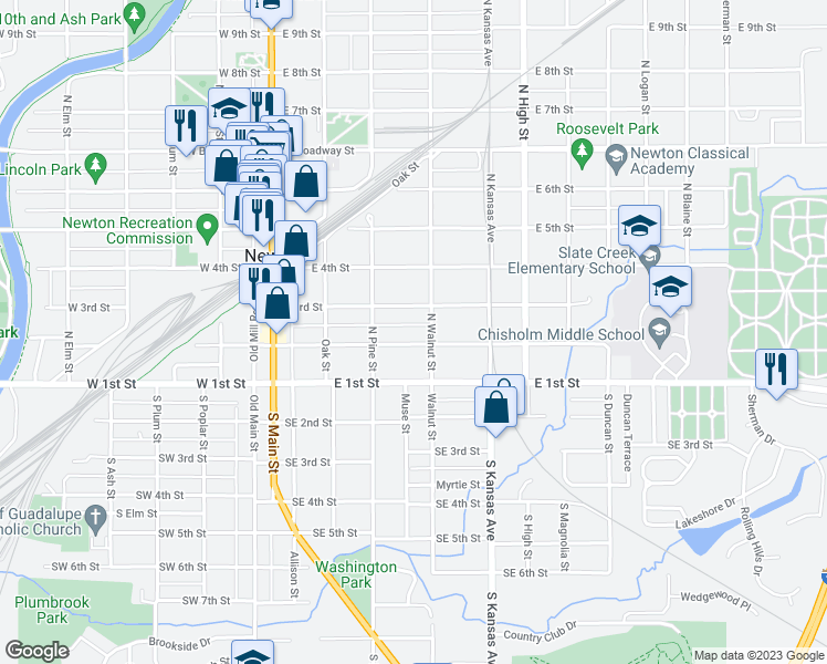 map of restaurants, bars, coffee shops, grocery stores, and more near 326 East 2nd Street in Newton