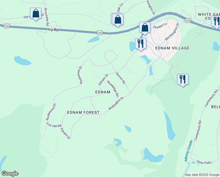 map of restaurants, bars, coffee shops, grocery stores, and more near 205 Rowledge Road in Charlottesville