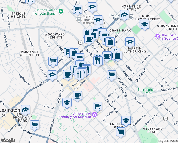 map of restaurants, bars, coffee shops, grocery stores, and more near 356 South Upper Street in Lexington
