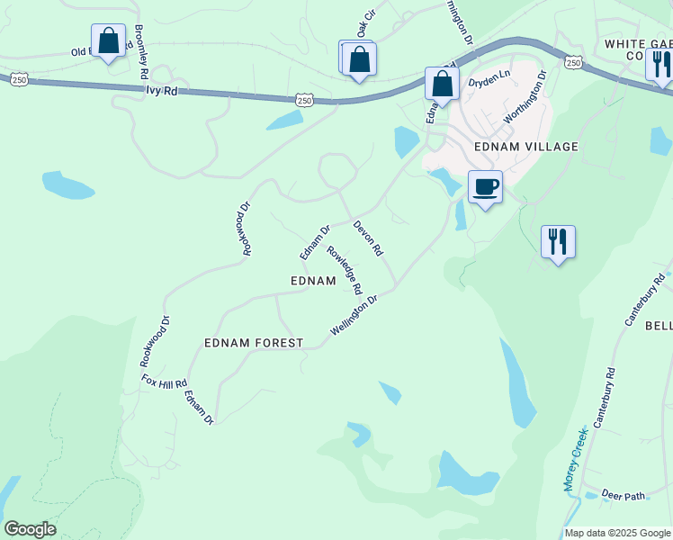 map of restaurants, bars, coffee shops, grocery stores, and more near 205 Rowledge Road in Charlottesville