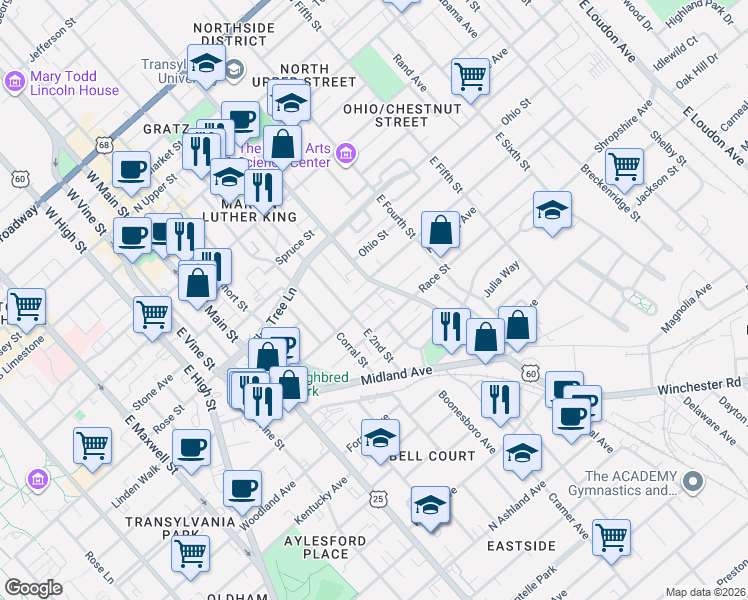 map of restaurants, bars, coffee shops, grocery stores, and more near 228 Eastern Avenue in Lexington