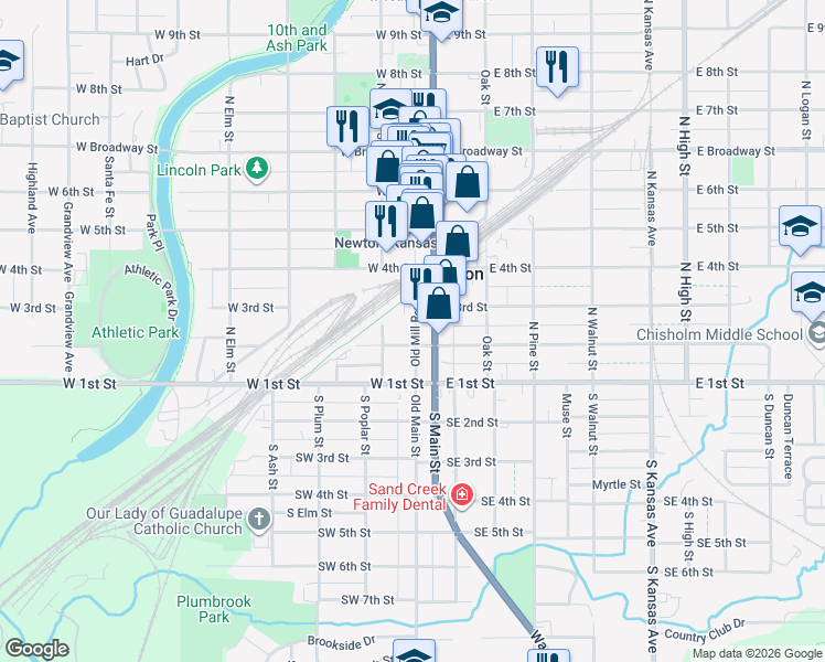 map of restaurants, bars, coffee shops, grocery stores, and more near 215 North Main Street in Newton