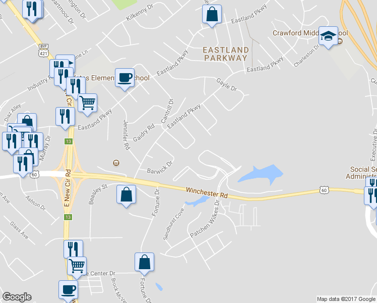 map of restaurants, bars, coffee shops, grocery stores, and more near 1814 Cantrill Drive in Lexington