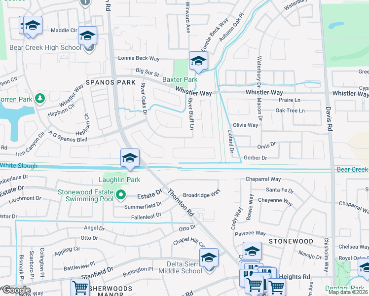 map of restaurants, bars, coffee shops, grocery stores, and more near River View Cir in Stockton