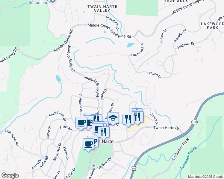 map of restaurants, bars, coffee shops, grocery stores, and more near 18827 Lookout Drive in Twain Harte